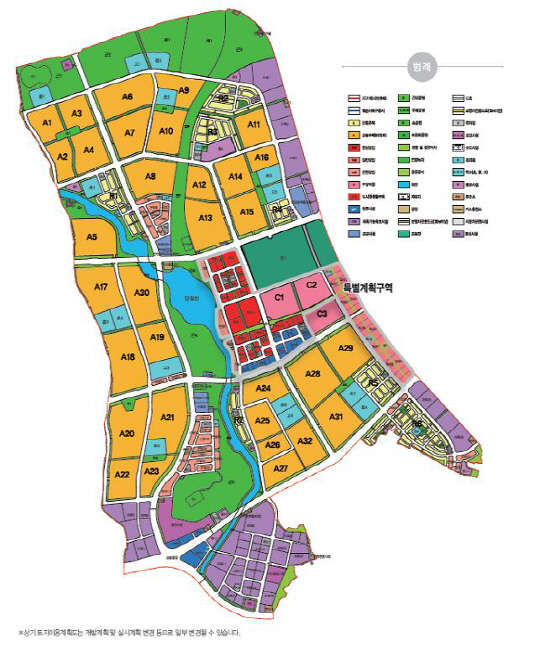 미사강변도시 토지이용계획도. 가운데 빨간 부분이 공급대상 용지다.  자료: LH